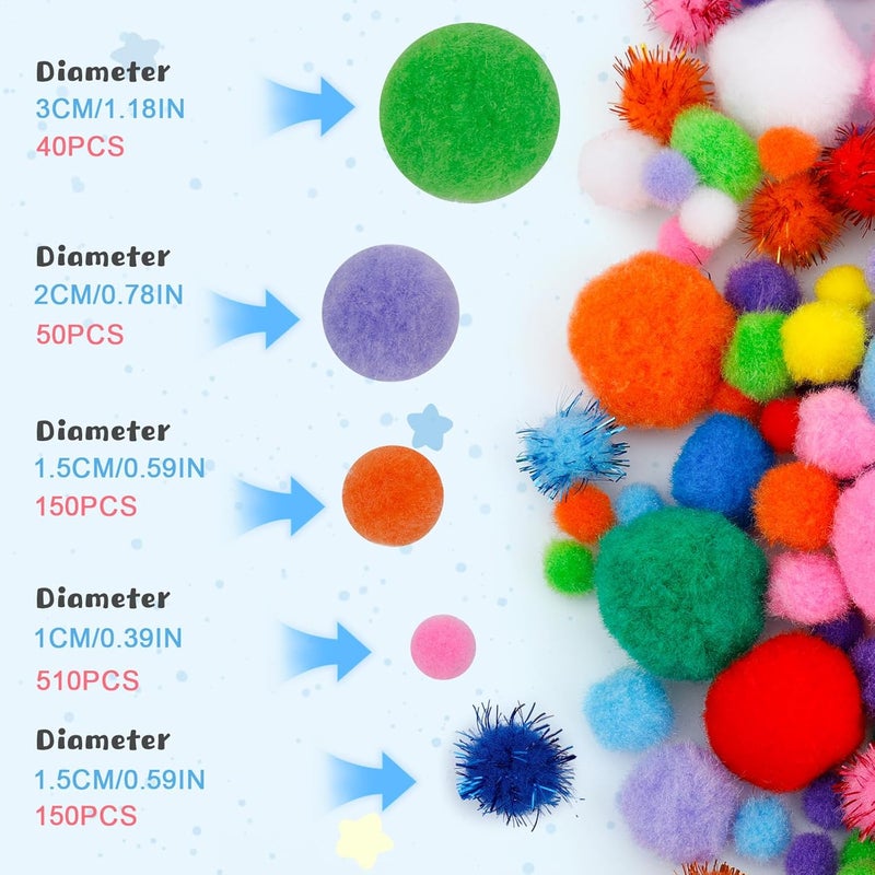 MORFEN 900 Pcs Multicolor Pom Poms, Pom Poms for Crafts, Soft and Fluffy Craft Pompoms, Assorted Sizes and Colors Pompom Balls, for DIY Arts, Home Decorations Crafts Supplies - Image 2